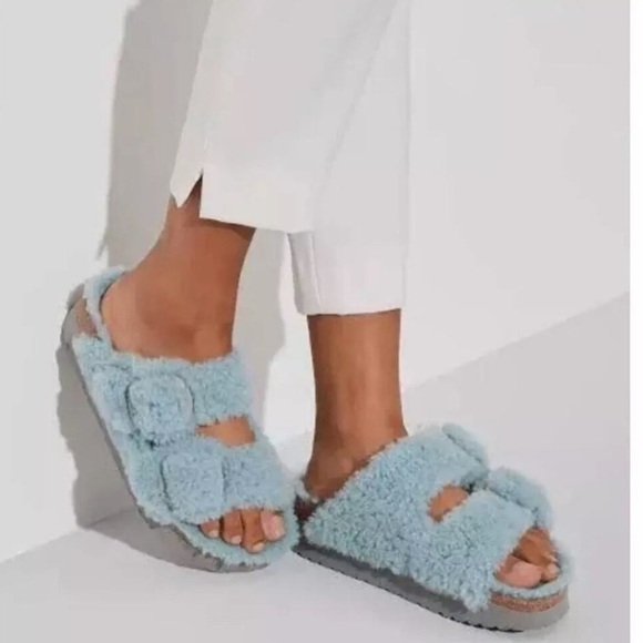 Birkenstock Arizona Big Buckle Genuine Shearling Sandal Blue Faded Aqua NEW 38 - Picture 9 of 10